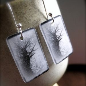 Handmade tree earrings - nature photo jewelry - shrinky dink - black and white